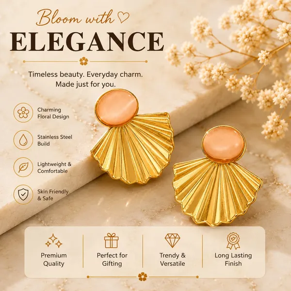 Gold_Tone_Shell_Fan_Earrings_With_Peach_Cat_Eye_Stone_For_Women_Elegant_Statement_Stud_Earrings_Trendy_Fashion_Jewellery_For_Party_Festive_And_Casual_Wear
