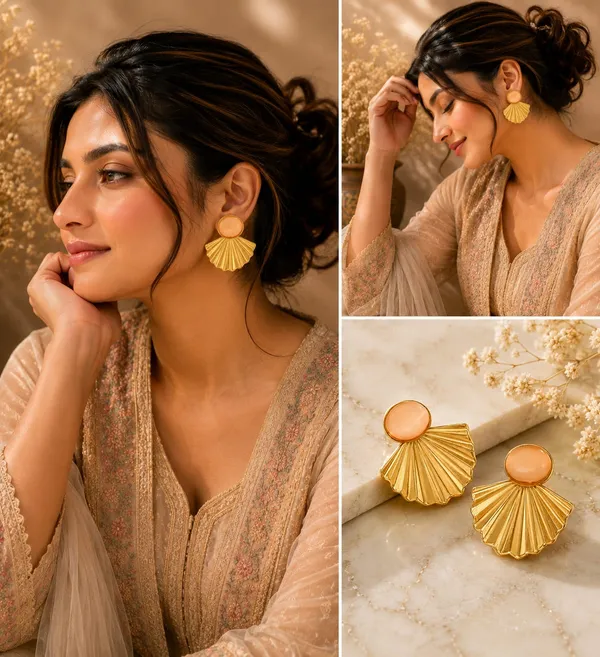 Gold_Tone_Shell_Fan_Earrings_With_Peach_Cat_Eye_Stone_For_Women_Elegant_Statement_Stud_Earrings_Trendy_Fashion_Jewellery_For_Party_Festive_And_Casual_Wear