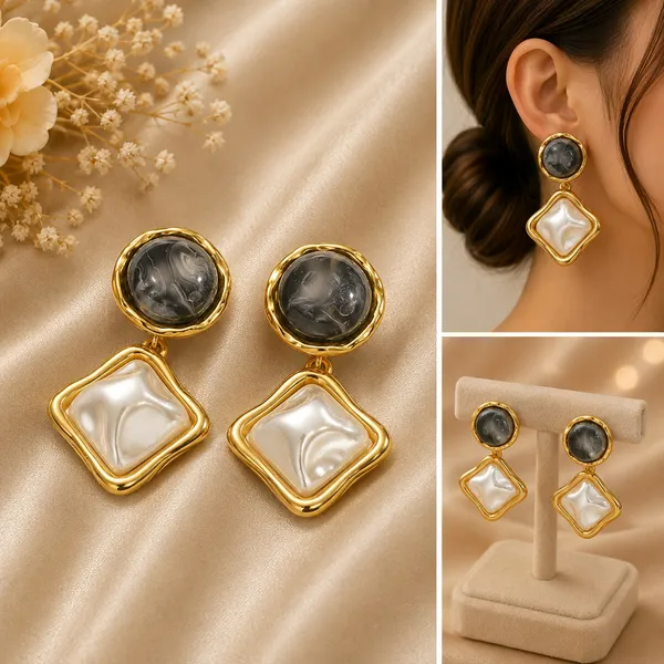 Elegant_Black_And_White_Square_Drop_Earrings_For_Women_Dual_Tone_Geometric_Design_With_Glossy_Marble_Effect_Stones_And_Gold_Tone_Border_Trendy_Fashion_Jewellery_For_Party_And_Daily_Wear