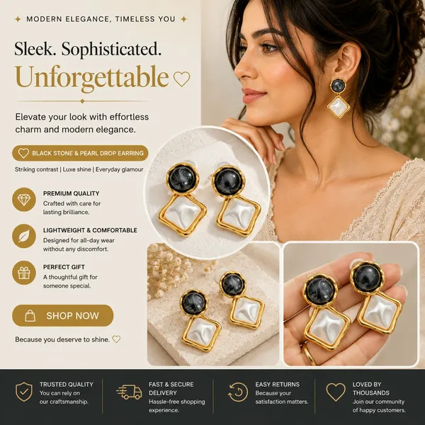 Elegant_Black_And_White_Square_Drop_Earrings_For_Women_Dual_Tone_Geometric_Design_With_Glossy_Marble_Effect_Stones_And_Gold_Tone_Border_Trendy_Fashion_Jewellery_For_Party_And_Daily_Wear