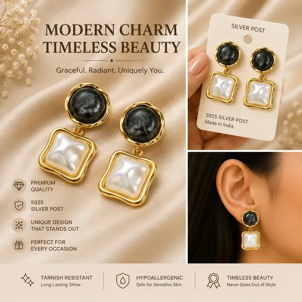 Elegant_Black_And_White_Square_Drop_Earrings_For_Women_Dual_Tone_Geometric_Design_With_Glossy_Marble_Effect_Stones_And_Gold_Tone_Border_Trendy_Fashion_Jewellery_For_Party_And_Daily_Wear