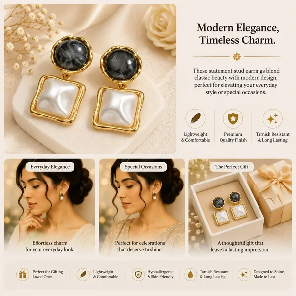 Elegant_Black_And_White_Square_Drop_Earrings_For_Women_Dual_Tone_Geometric_Design_With_Glossy_Marble_Effect_Stones_And_Gold_Tone_Border_Trendy_Fashion_Jewellery_For_Party_And_Daily_Wear