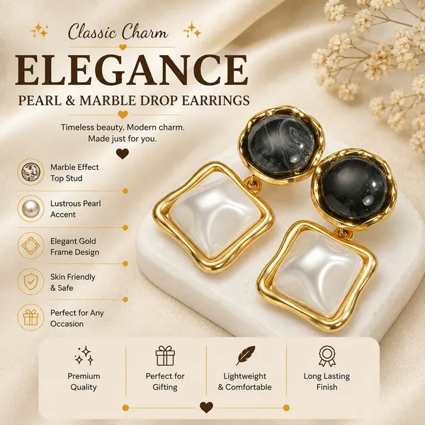 Elegant_Black_And_White_Square_Drop_Earrings_For_Women_Dual_Tone_Geometric_Design_With_Glossy_Marble_Effect_Stones_And_Gold_Tone_Border_Trendy_Fashion_Jewellery_For_Party_And_Daily_Wear