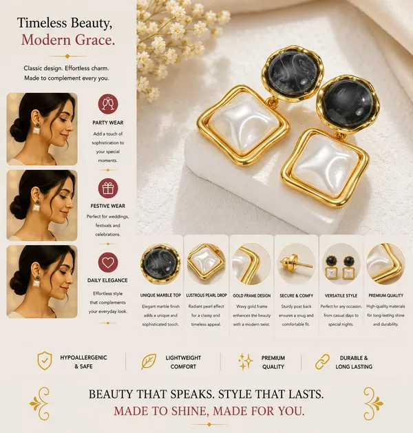 Elegant_Black_And_White_Square_Drop_Earrings_For_Women_Dual_Tone_Geometric_Design_With_Glossy_Marble_Effect_Stones_And_Gold_Tone_Border_Trendy_Fashion_Jewellery_For_Party_And_Daily_Wear