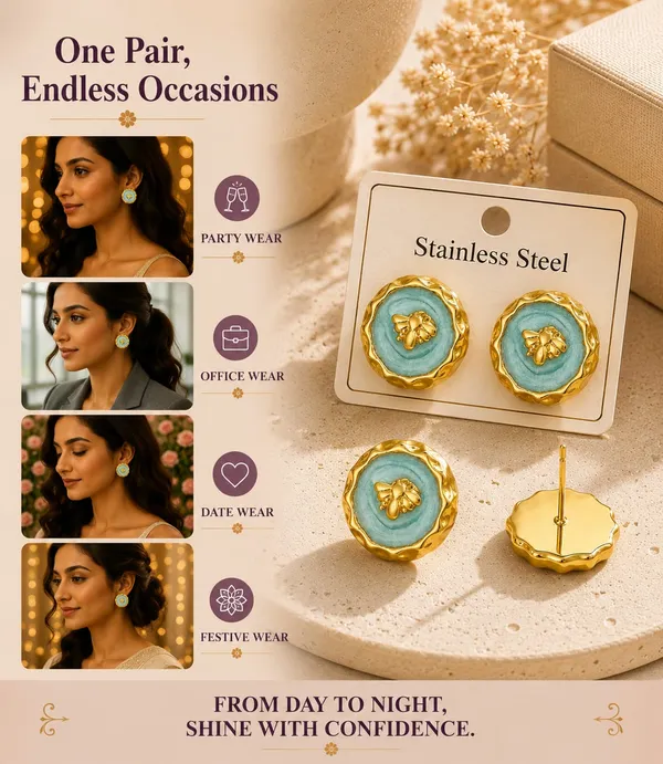 Blue_Bee_Stud_Earrings_For_Women_Gold_Tone_Round_Floral_Design_With_Bee_Detail_Trendy_Fashion_Jewellery_For_Party_Casual_Festive_And_Everyday_Wear