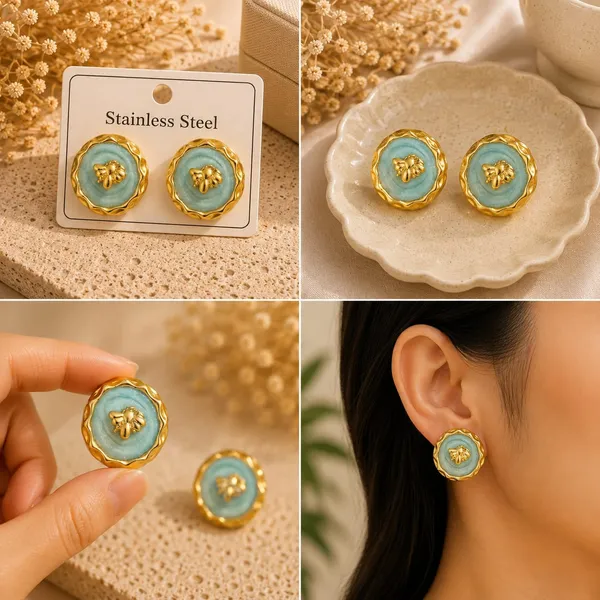 Blue_Bee_Stud_Earrings_For_Women_Gold_Tone_Round_Floral_Design_With_Bee_Detail_Trendy_Fashion_Jewellery_For_Party_Casual_Festive_And_Everyday_Wear