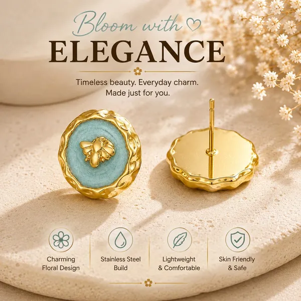 Blue_Bee_Stud_Earrings_For_Women_Gold_Tone_Round_Floral_Design_With_Bee_Detail_Trendy_Fashion_Jewellery_For_Party_Casual_Festive_And_Everyday_Wear