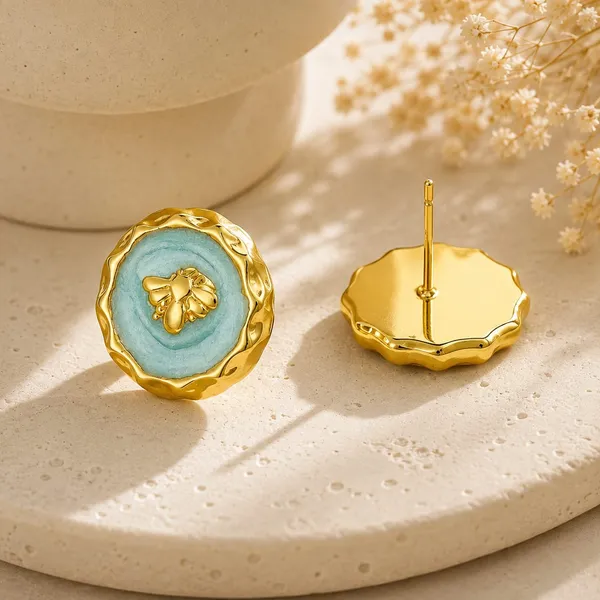 Blue_Bee_Stud_Earrings_For_Women_Gold_Tone_Round_Floral_Design_With_Bee_Detail_Trendy_Fashion_Jewellery_For_Party_Casual_Festive_And_Everyday_Wear