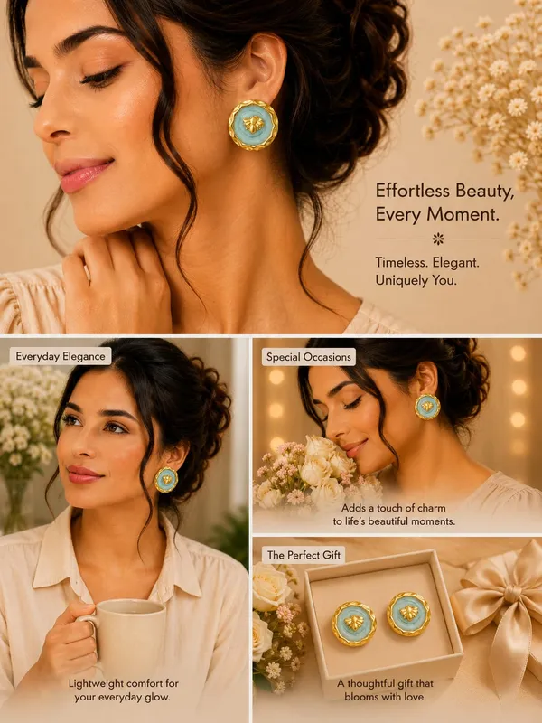 Blue_Bee_Stud_Earrings_For_Women_Gold_Tone_Round_Floral_Design_With_Bee_Detail_Trendy_Fashion_Jewellery_For_Party_Casual_Festive_And_Everyday_Wear