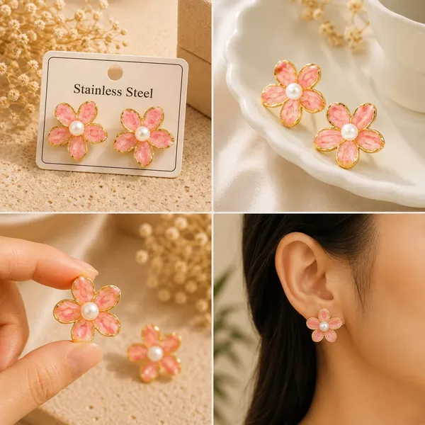 Pink_Flower_Stud_Earrings_For_Women_Gold_Tone_Floral_Design_With_Pearl_Centre_Trendy_Stainless_Steel_Jewellery_For_Party_Casual_Festive_And_Everyday_Wear