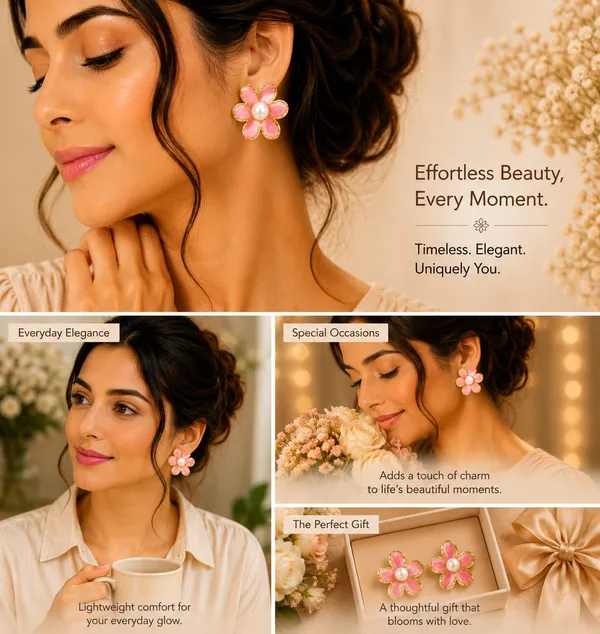 Pink_Flower_Stud_Earrings_For_Women_Gold_Tone_Floral_Design_With_Pearl_Centre_Trendy_Stainless_Steel_Jewellery_For_Party_Casual_Festive_And_Everyday_Wear