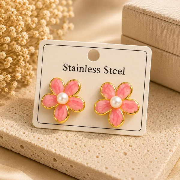 Pink_Flower_Stud_Earrings_For_Women_Gold_Tone_Floral_Design_With_Pearl_Centre_Trendy_Stainless_Steel_Jewellery_For_Party_Casual_Festive_And_Everyday_Wear