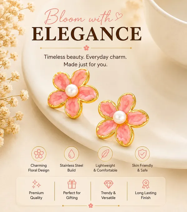 Pink_Flower_Stud_Earrings_For_Women_Gold_Tone_Floral_Design_With_Pearl_Centre_Trendy_Stainless_Steel_Jewellery_For_Party_Casual_Festive_And_Everyday_Wear