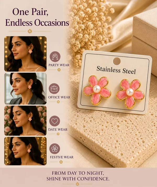 Pink_Flower_Stud_Earrings_For_Women_Gold_Tone_Floral_Design_With_Pearl_Centre_Trendy_Stainless_Steel_Jewellery_For_Party_Casual_Festive_And_Everyday_Wear