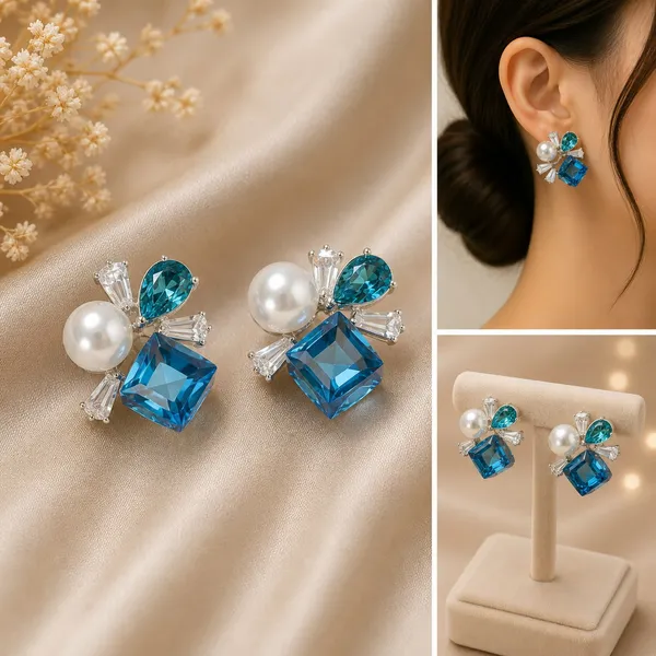 Elegant_Blue_Crystal_Pearl_Stud_Earrings_For_Women_Statement_Geometric_Design_With_Teardrop_Gemstones_Sparkling_Cz_Detailing_And_White_Pearl_Accents_Party_Wear_Fashion_Jewellery