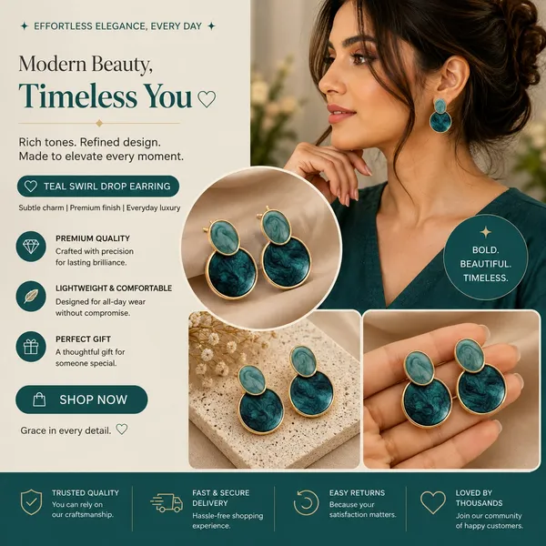 Elegant_Blue_Oval_Drop_Stud_Earrings_For_Women_With_Dual_Tone_Marbled_Design_Gold_Tone_Border_Modern_Geometric_Fashion_Jewellery_For_Party_Office_Festive_And_Daily_Wear