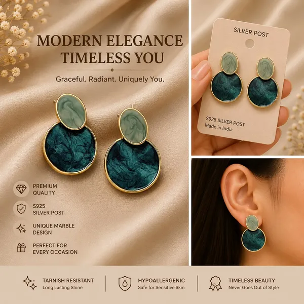 Elegant_Blue_Oval_Drop_Stud_Earrings_For_Women_With_Dual_Tone_Marbled_Design_Gold_Tone_Border_Modern_Geometric_Fashion_Jewellery_For_Party_Office_Festive_And_Daily_Wear