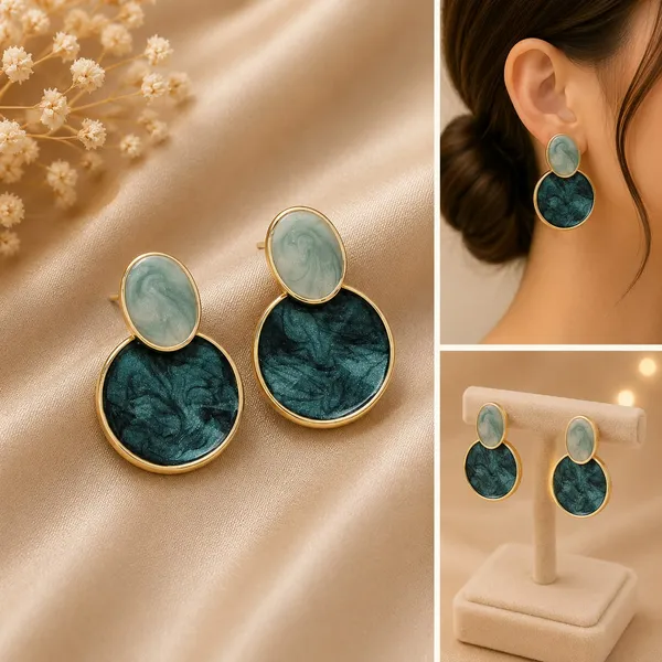Elegant_Blue_Oval_Drop_Stud_Earrings_For_Women_With_Dual_Tone_Marbled_Design_Gold_Tone_Border_Modern_Geometric_Fashion_Jewellery_For_Party_Office_Festive_And_Daily_Wear