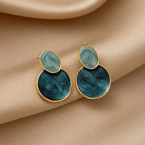 Elegant_Blue_Oval_Drop_Stud_Earrings_For_Women_With_Dual_Tone_Marbled_Design_Gold_Tone_Border_Modern_Geometric_Fashion_Jewellery_For_Party_Office_Festive_And_Daily_Wear