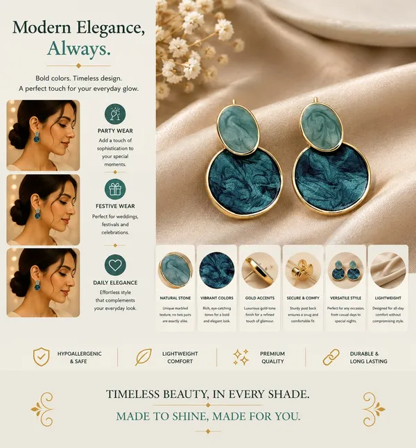 Elegant_Blue_Oval_Drop_Stud_Earrings_For_Women_With_Dual_Tone_Marbled_Design_Gold_Tone_Border_Modern_Geometric_Fashion_Jewellery_For_Party_Office_Festive_And_Daily_Wear