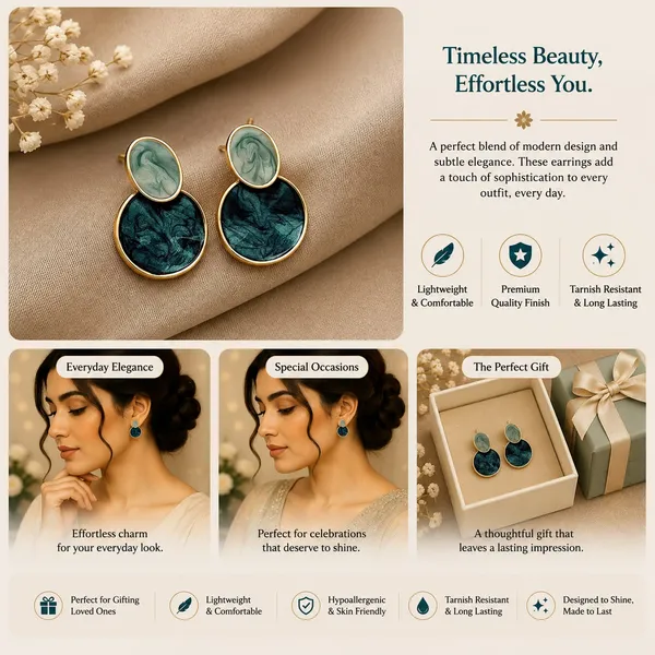 Elegant_Blue_Oval_Drop_Stud_Earrings_For_Women_With_Dual_Tone_Marbled_Design_Gold_Tone_Border_Modern_Geometric_Fashion_Jewellery_For_Party_Office_Festive_And_Daily_Wear