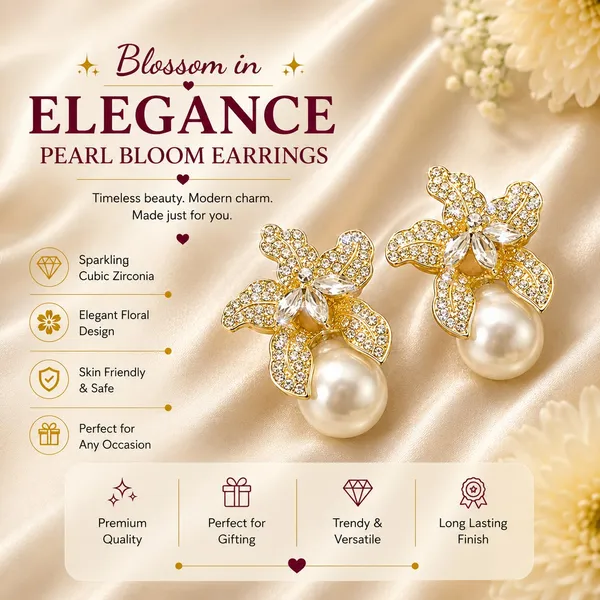 Elegant_Gold_Plated_Floral_Pearl_Drop_Earrings_For_Women_Sparkling_Rhinestone_Butterfly_Flower_Design_With_Large_Faux_Pearl_Stylish_Statement_Jewellery_For_Party_Wedding_Festive_And_Special_Occasions