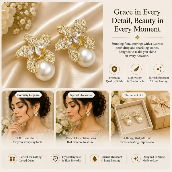 Elegant_Gold_Plated_Floral_Pearl_Drop_Earrings_For_Women_Sparkling_Rhinestone_Butterfly_Flower_Design_With_Large_Faux_Pearl_Stylish_Statement_Jewellery_For_Party_Wedding_Festive_And_Special_Occasions