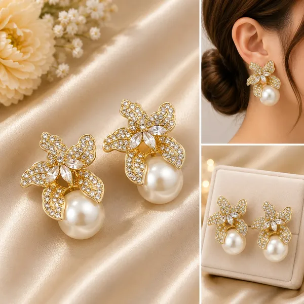 Elegant_Gold_Plated_Floral_Pearl_Drop_Earrings_For_Women_Sparkling_Rhinestone_Butterfly_Flower_Design_With_Large_Faux_Pearl_Stylish_Statement_Jewellery_For_Party_Wedding_Festive_And_Special_Occasions