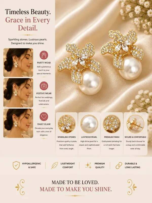 Elegant_Gold_Plated_Floral_Pearl_Drop_Earrings_For_Women_Sparkling_Rhinestone_Butterfly_Flower_Design_With_Large_Faux_Pearl_Stylish_Statement_Jewellery_For_Party_Wedding_Festive_And_Special_Occasions