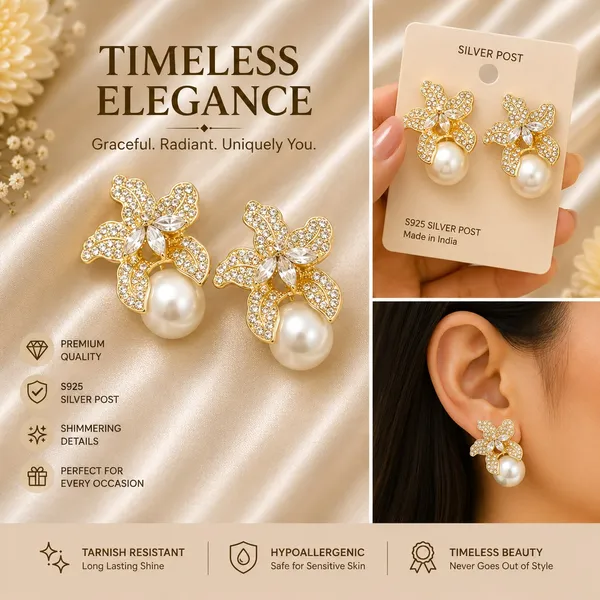 Elegant_Gold_Plated_Floral_Pearl_Drop_Earrings_For_Women_Sparkling_Rhinestone_Butterfly_Flower_Design_With_Large_Faux_Pearl_Stylish_Statement_Jewellery_For_Party_Wedding_Festive_And_Special_Occasions