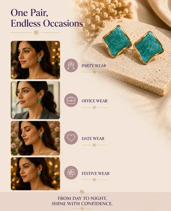 Elegant_Teal_Blue_Enamel_Square_Stud_Earrings_For_Women_Gold_Tone_Geometric_Statement_Design_Stylish_Stainless_Steel_Fashion_Jewellery_For_Party_Office_Festive_And_Everyday_Wear