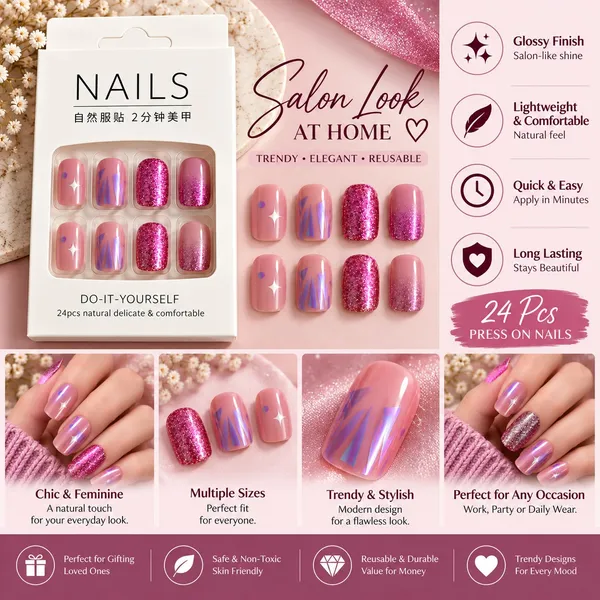 24_Pcs_Pink_Glitter_Press_On_Nails_For_Women_Glossy_Rose_Pink_Artificial_Nails_With_Sparkle_Star_And_Geometric_Foil_Designs_Trendy_Diy_Manicure_Set_For_Party_Wedding_And_Everyday_Wear