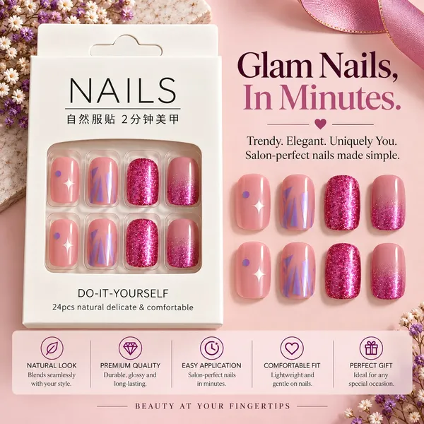 24_Pcs_Pink_Glitter_Press_On_Nails_For_Women_Glossy_Rose_Pink_Artificial_Nails_With_Sparkle_Star_And_Geometric_Foil_Designs_Trendy_Diy_Manicure_Set_For_Party_Wedding_And_Everyday_Wear