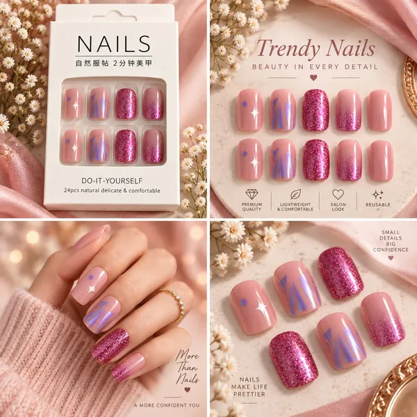 24_Pcs_Pink_Glitter_Press_On_Nails_For_Women_Glossy_Rose_Pink_Artificial_Nails_With_Sparkle_Star_And_Geometric_Foil_Designs_Trendy_Diy_Manicure_Set_For_Party_Wedding_And_Everyday_Wear