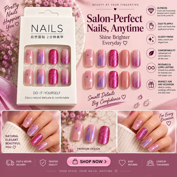 24_Pcs_Pink_Glitter_Press_On_Nails_For_Women_Glossy_Rose_Pink_Artificial_Nails_With_Sparkle_Star_And_Geometric_Foil_Designs_Trendy_Diy_Manicure_Set_For_Party_Wedding_And_Everyday_Wear