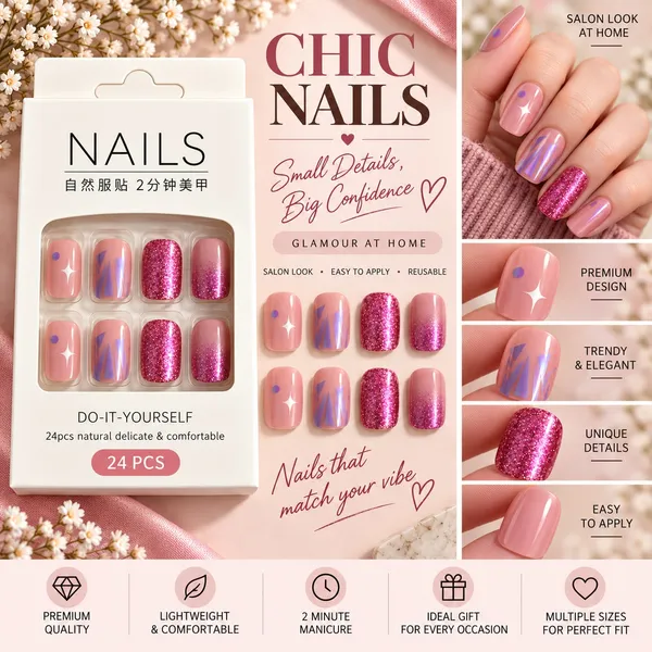 24_Pcs_Pink_Glitter_Press_On_Nails_For_Women_Glossy_Rose_Pink_Artificial_Nails_With_Sparkle_Star_And_Geometric_Foil_Designs_Trendy_Diy_Manicure_Set_For_Party_Wedding_And_Everyday_Wear