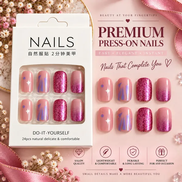 24_Pcs_Pink_Glitter_Press_On_Nails_For_Women_Glossy_Rose_Pink_Artificial_Nails_With_Sparkle_Star_And_Geometric_Foil_Designs_Trendy_Diy_Manicure_Set_For_Party_Wedding_And_Everyday_Wear