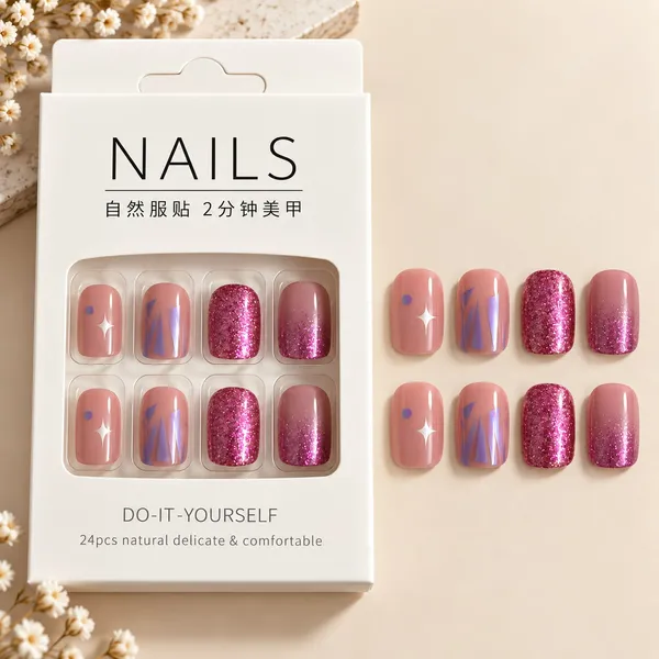 24_Pcs_Pink_Glitter_Press_On_Nails_For_Women_Glossy_Rose_Pink_Artificial_Nails_With_Sparkle_Star_And_Geometric_Foil_Designs_Trendy_Diy_Manicure_Set_For_Party_Wedding_And_Everyday_Wear
