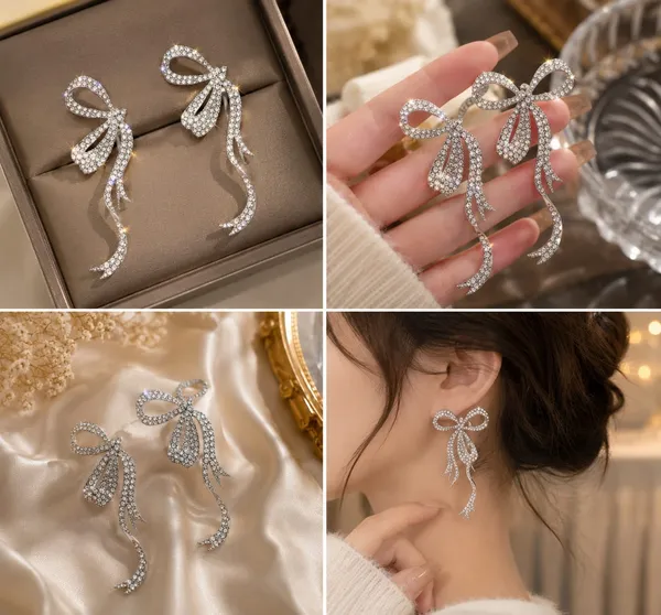 Elegant_Silver_Bow_Crystal_Drop_Earrings_For_Women_Sparkling_Rhinestone_Statement_Jewellery_For_Party_Wedding_Festive_And_Stylish_Special_Occasion_Wear