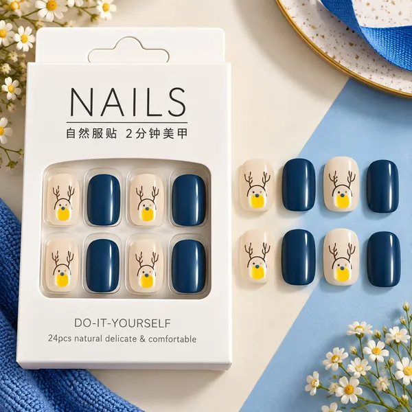 24_Pcs_Blue_Reindeer_Press_On_Nails_For_Women_Glossy_Navy_Blue_Artificial_Nails_With_Cute_Reindeer_Face_Design_Christmas_Winter_Themed_Diy_Fake_Nail_Set_For_Party_Festive_Events_And_Everyday_Wear