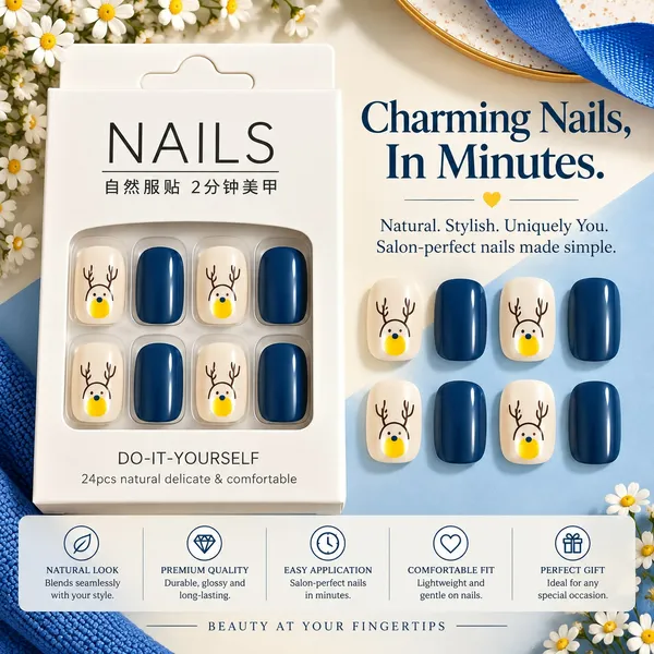 24_Pcs_Blue_Reindeer_Press_On_Nails_For_Women_Glossy_Navy_Blue_Artificial_Nails_With_Cute_Reindeer_Face_Design_Christmas_Winter_Themed_Diy_Fake_Nail_Set_For_Party_Festive_Events_And_Everyday_Wear