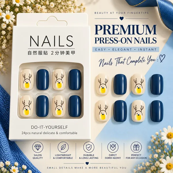 24_Pcs_Blue_Reindeer_Press_On_Nails_For_Women_Glossy_Navy_Blue_Artificial_Nails_With_Cute_Reindeer_Face_Design_Christmas_Winter_Themed_Diy_Fake_Nail_Set_For_Party_Festive_Events_And_Everyday_Wear