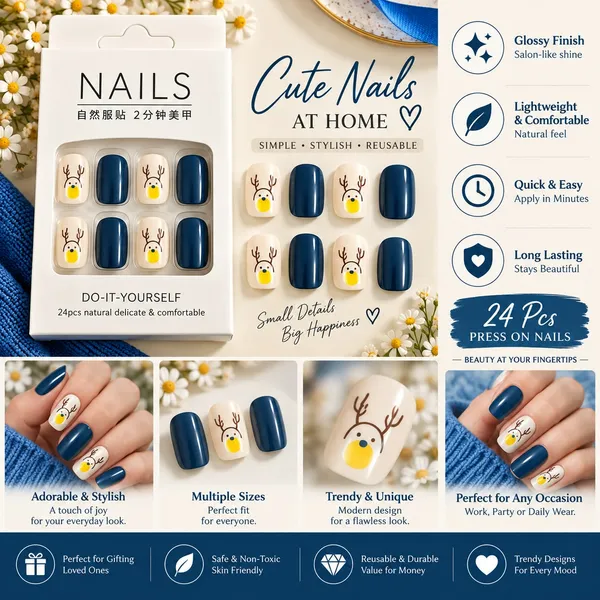 24_Pcs_Blue_Reindeer_Press_On_Nails_For_Women_Glossy_Navy_Blue_Artificial_Nails_With_Cute_Reindeer_Face_Design_Christmas_Winter_Themed_Diy_Fake_Nail_Set_For_Party_Festive_Events_And_Everyday_Wear