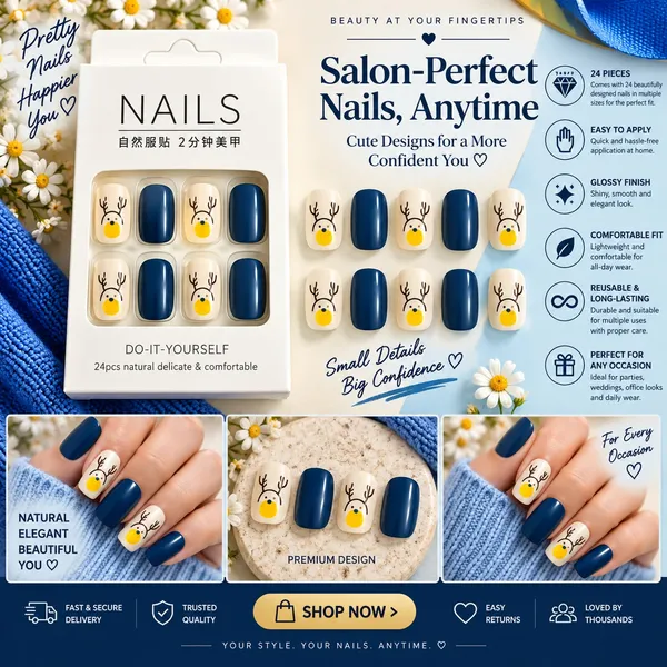 24_Pcs_Blue_Reindeer_Press_On_Nails_For_Women_Glossy_Navy_Blue_Artificial_Nails_With_Cute_Reindeer_Face_Design_Christmas_Winter_Themed_Diy_Fake_Nail_Set_For_Party_Festive_Events_And_Everyday_Wear