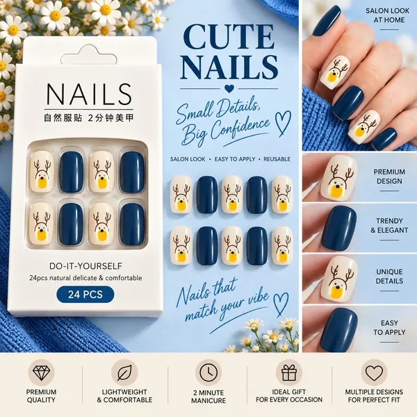 24_Pcs_Blue_Reindeer_Press_On_Nails_For_Women_Glossy_Navy_Blue_Artificial_Nails_With_Cute_Reindeer_Face_Design_Christmas_Winter_Themed_Diy_Fake_Nail_Set_For_Party_Festive_Events_And_Everyday_Wear