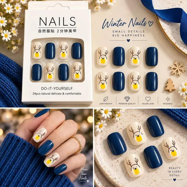 24_Pcs_Blue_Reindeer_Press_On_Nails_For_Women_Glossy_Navy_Blue_Artificial_Nails_With_Cute_Reindeer_Face_Design_Christmas_Winter_Themed_Diy_Fake_Nail_Set_For_Party_Festive_Events_And_Everyday_Wear