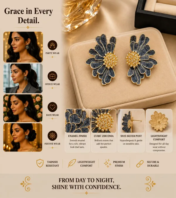 Elegant_Blue_Floral_Statement_Stud_Earrings_For_Women_And_Girls_Gold_Tone_Layered_Flower_Earrings_With_Intricate_Beaded_Center_And_Artistic_Blue_Enamel_Finish_Stylish_Jewellery_For_Party_Wedding_Festive_And_Everyday_Wear