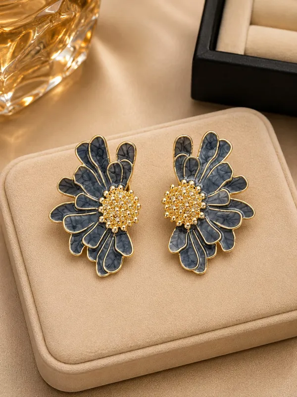 Elegant_Blue_Floral_Statement_Stud_Earrings_For_Women_And_Girls_Gold_Tone_Layered_Flower_Earrings_With_Intricate_Beaded_Center_And_Artistic_Blue_Enamel_Finish_Stylish_Jewellery_For_Party_Wedding_Festive_And_Everyday_Wear