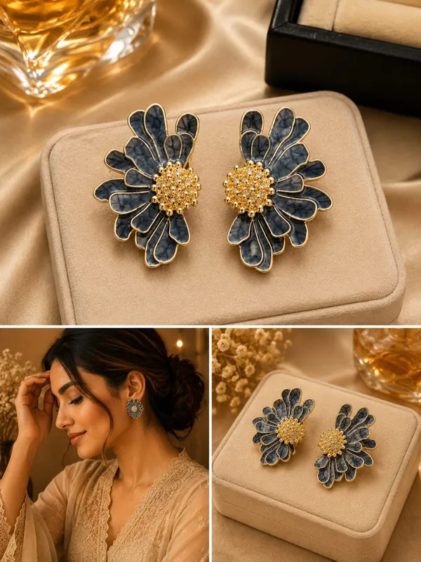 Elegant_Blue_Floral_Statement_Stud_Earrings_For_Women_And_Girls_Gold_Tone_Layered_Flower_Earrings_With_Intricate_Beaded_Center_And_Artistic_Blue_Enamel_Finish_Stylish_Jewellery_For_Party_Wedding_Festive_And_Everyday_Wear