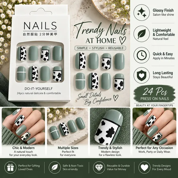 24_Pcs_Sage_Green_Cow_Print_Press_On_Nails_For_Women_Cute_Black_And_White_Cow_Pattern_Artificial_Nails_Trendy_Glossy_Diy_Manicure_Nail_Set
